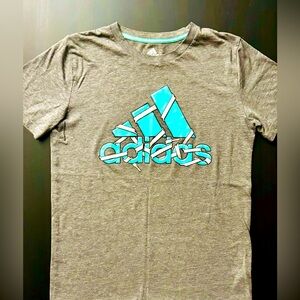 Grey Adidas Tee with Teal Laced Logo. Like New.